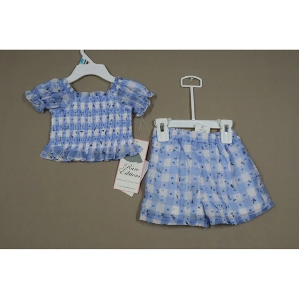 Rare Editions‎ Baby Girls Gingham Daisy Top and Shorts, 2 Piece Set - Blue - 12M